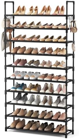 10 Tier Shoe Rack Tall Large Capacity Wide Shoe Organizer with Two Hooks Sturdy Metal Shoe Shelf for Entryway, Closet, Bedroom