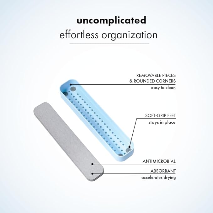madesmart Toothbrush Tray with Drying Stone, Quick-Dry Organizer for Toothbrushes, Razors, Toothpaste & Bathroom Counter Essentials, Blue