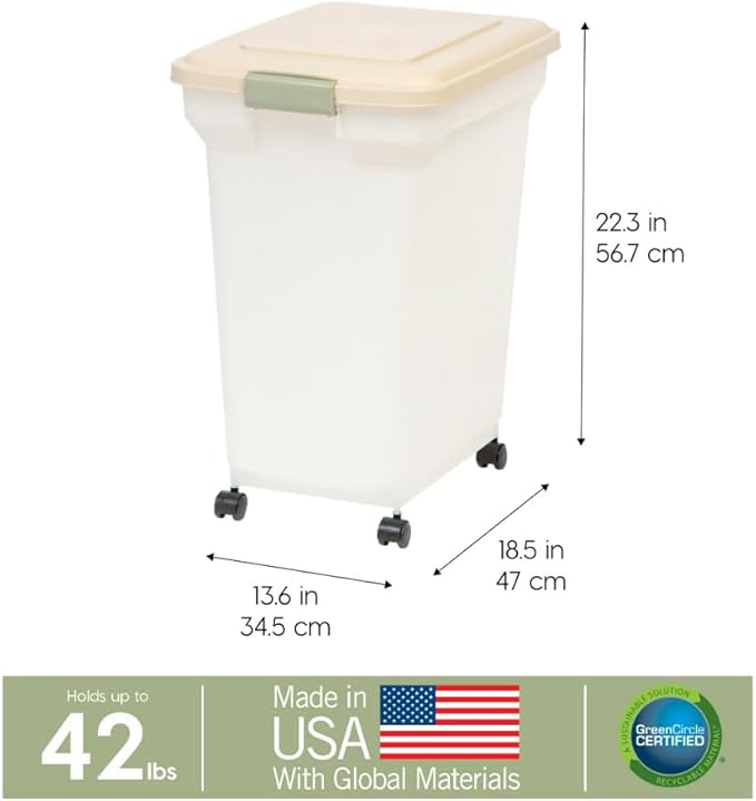 IRIS USA Airtight Dog Food Storage Container, WeatherPro, Up to 40 lbs, Removable Wheels, for Dog Cat Bird and Other Pet Food Storage Bin, Keep Fresh, Translucent Body, Made in USA, Almond/Pearl