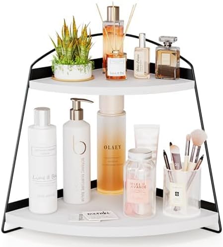 Puricon Bathroom Counter Organizer, 2 Tier Corner Countertop Storage Shelf Bathroom Sink Organizer, Wood Triangle Bathroom Organization for Skincare Kitchen Vanitity -White