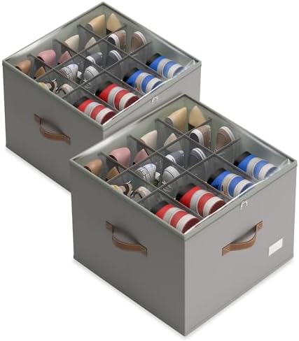 Shoe Organizer for Closet, 2 Pack Foldable Shoe Storage Bins with Clear Cover & Handles, 16-Compartment Shoe Box for Sneakers, Heels, Boots, Space-Saving Shoe Rack for Entryway, Dorm, RV
