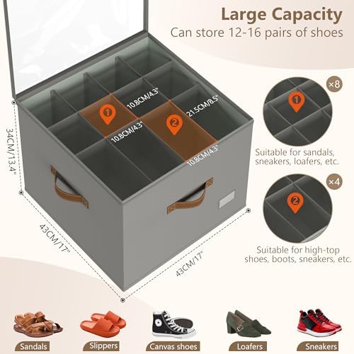 Shoe Organizer for Closet, 2 Pack Foldable Shoe Storage Bins with Clear Cover & Handles, 16-Compartment Shoe Box for Sneakers, Heels, Boots, Space-Saving Shoe Rack for Entryway, Dorm, RV