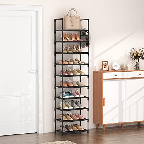 10 Tiers Tall Shoe Rack 20-25 Pairs Boots Organizer Storage Sturdy Narrow Shoe Shelf for Entryway, Closets with Hooks, Black