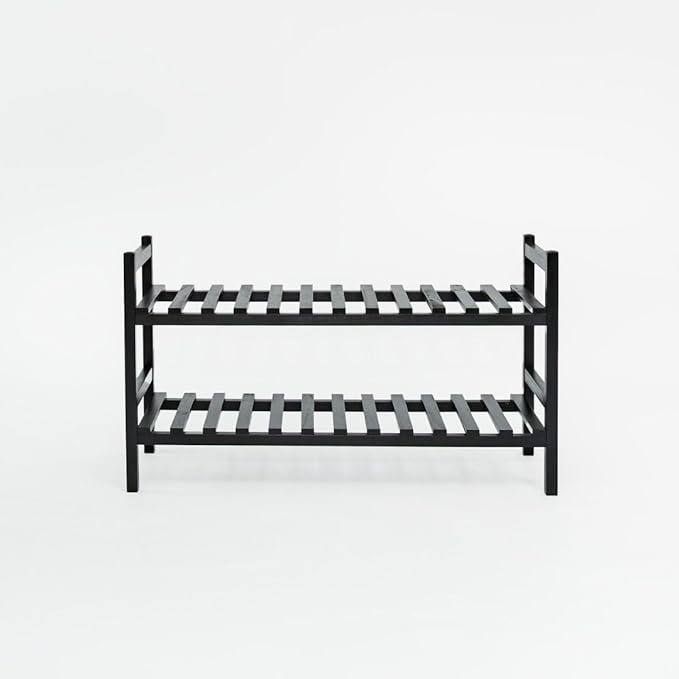 PJ Wood Stackable Wooden Shoe Rack Organizer for Closet Storage, Entryway Shelves, Tiered Cabinet for Shoes, 6 Pair Capacity, Black