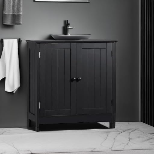 Under Sink Bathroom Cabinet, Pedestal Sink Storage Cabinet with 2 Doors, Black
