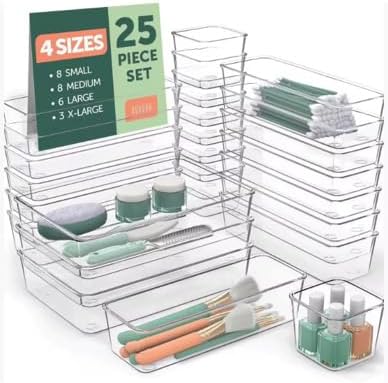 Plastic Drawer Dividers Set – Customizable Storage Bins (25 Pieces), Multi-Purpose Use – Ideal for bathroom, kitchen, office, or vanity drawers.