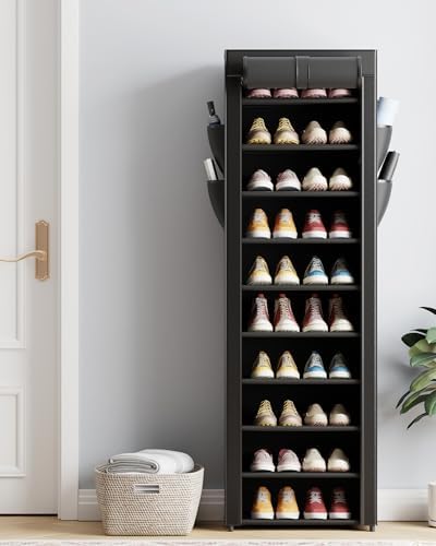 10-Tier Shoe Rack with Cover, Vertical Shelf, 17.5" Wide, Black