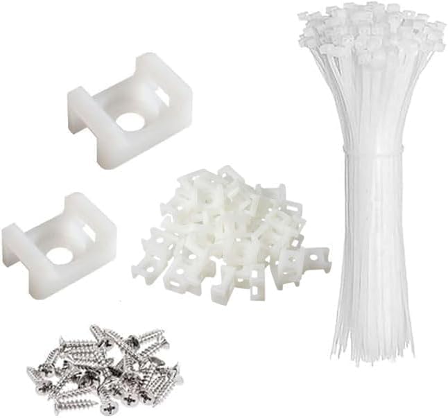 White Cable Zip Tie Mounts Kit-50 Pcs Cable Zip Tie Saddle Type Mounts Base with 50 Pcs 8" Cable Ties and 50 Pcs Tapping Screw, Wire Cable Clips Organizer Holders Clamps