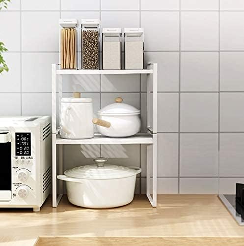 Shantton 2pk Kitchen Cabinet Shelf Counter Organizer Rack Pantry Storage Bathroom Bedroom Office Table Desk Space Saving Steel Frame Stackable Rust Resistant Non Slip White-Tall- L13in W8.3in H9.5in