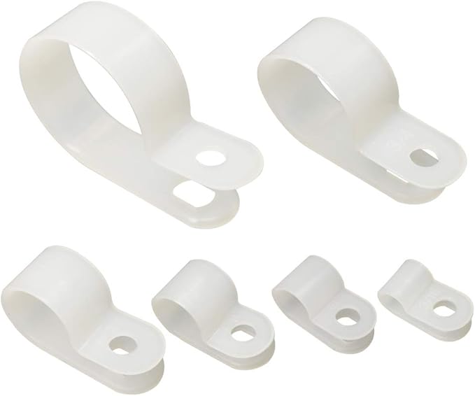 Cable Clamp 200 Pcs Black Nylon Screws Plastic R-Type Cable Clamp Clips Fasteners Assortment for Cable Conduit 6 Sizes 3/16" to 1" - White