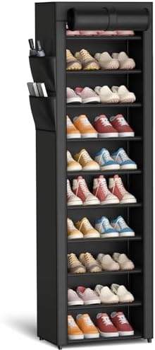 10-Tier Shoe Rack with Cover, Vertical Shelf, 17.5" Wide, Black