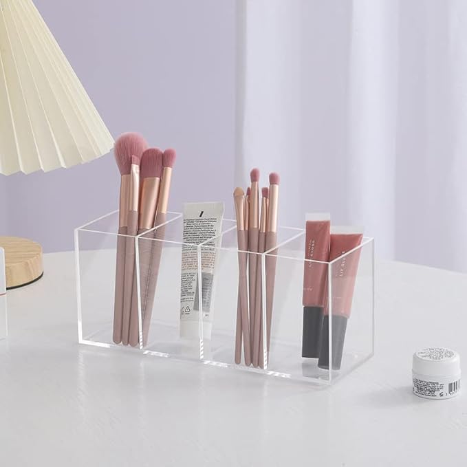 Acrylic Pen Holder 4 Compartments Clear Pencil Holder Organizer Makeup Brush