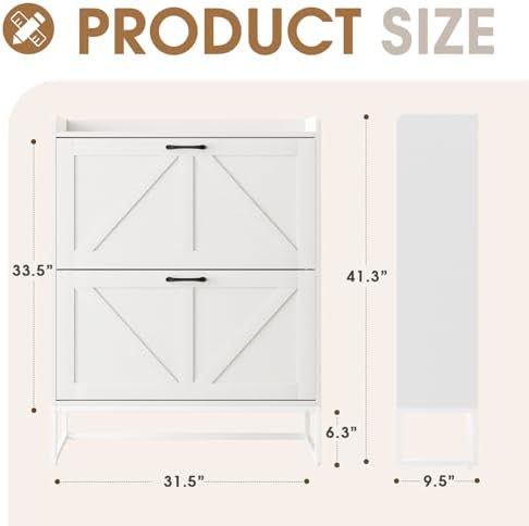 Shoe Cabinet, Shoe Storage Cabinet with 2 Flip Drawers & Adjustable Shelf, Space-Saving Shoe Organizer – Holds 16+ Pairs, Narrow Shoe Cabinet Storage for Entryway/Hallway（White）