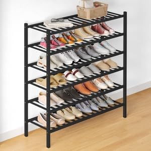 Bamboo Shoe Rack for Closet, 6 Tier Long Wooden Shoe Organizer, Black
