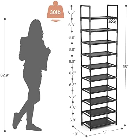 10 Tiers Tall Shoe Rack 20-25 Pairs Boots Organizer Storage Sturdy Narrow Shoe Shelf for Entryway, Closets with Hooks, Black