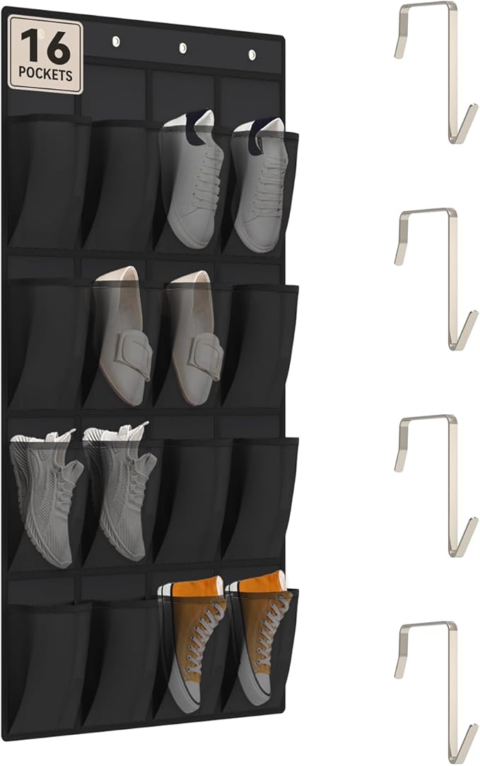 dodowin Over the Door Shoe Organizer Rack, 16 Large Breathable Mesh Pockets, Foldable Hanging Storage Holder for Closet Door, Space Saving Shoe & Accessory Organizer with 4 Metal Hooks, Black