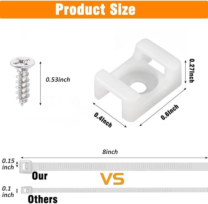 White Cable Zip Tie Mounts Kit-50 Pcs Cable Zip Tie Saddle Type Mounts Base with 50 Pcs 8" Cable Ties and 50 Pcs Tapping Screw, Wire Cable Clips Organizer Holders Clamps