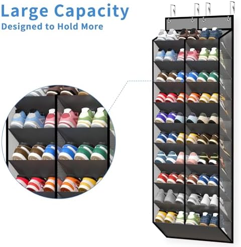 20-30 Pairs Grey Over the Door Shoe Organizer, Mesh Hanging Shoe Rack for Door Storage with 20 Wide Deep Pockets,10-Tier Door Shoe Holder Fits Sneakers, Boots.
