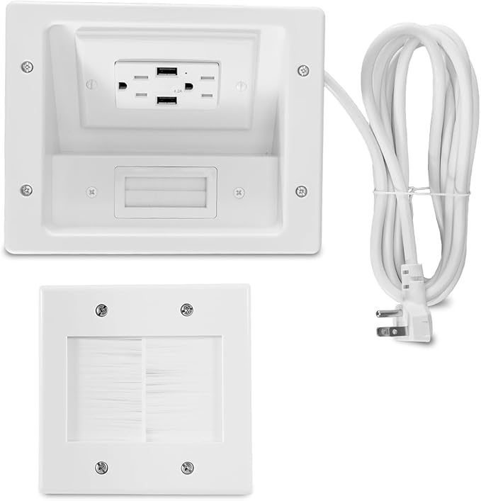 In Wall Cable Concealer Kit with Brush Wall Plate AC Outlets and 2 USB Ports, 9ft Cord, Hide Cords Recessed Wall Outlet for TV Cable Management, HDMI Cables and Home Theater Systems