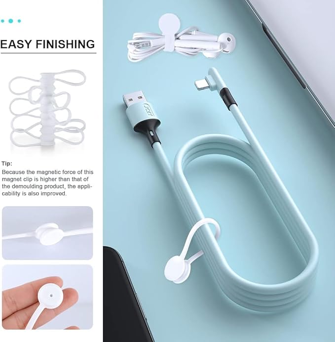 Kanemc 7.9'' Silicone Cord Tie Included Tags, Magnetic Long Cable Ties Reusable Straps Twist Ties Elastic Magnetic Ties For Wrapping Cables Bundles (10Pcs-White)