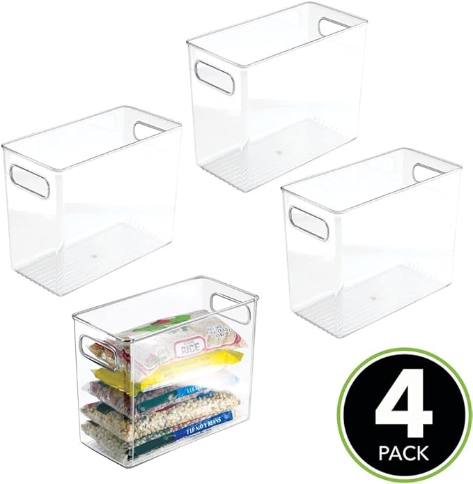 mDesign Plastic Tall Food Storage Organization Container Bin with Handles for Kitchen, Pantry, Cabinet, Fridge/Freezer, Countertop - Organizer for Snacks/Appliances, Ligne Collection, 4 Pack, Clear