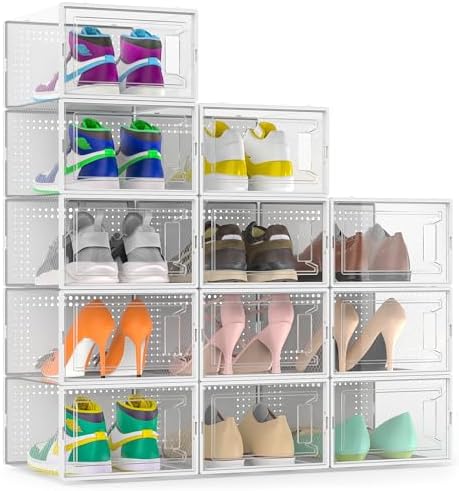 12 Pack Large Stackable Clear Plastic Shoe Storage Boxes Organizer, White
