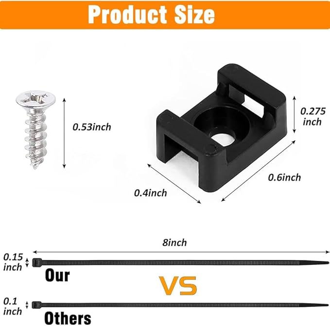 Black Cable Zip Tie Mounts Kit-50 Pcs Cable Zip Tie Saddle Type Mounts Base with 50 Pcs 8" Cable Ties and 50 Pcs Tapping Screw, Wire Cable Clips Organizer Holders Clamps