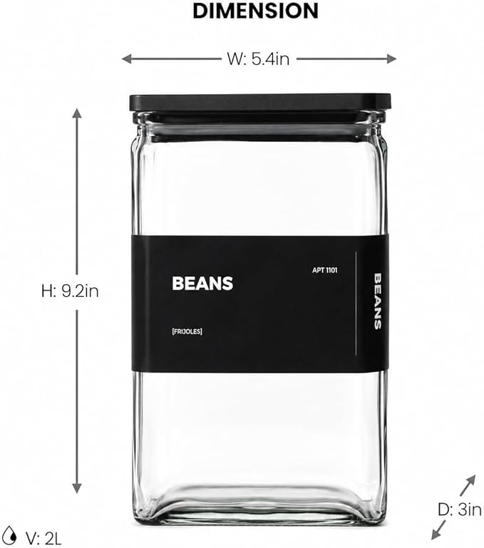 APT 1101 Glass Storage Jars with Bamboo Lid, glass canisters with airtight lids, Clear jars with lids for Spice, Cookie, Candy, Tea, Coffee Bean and Rice (Black, 67 oz, Set of 3)