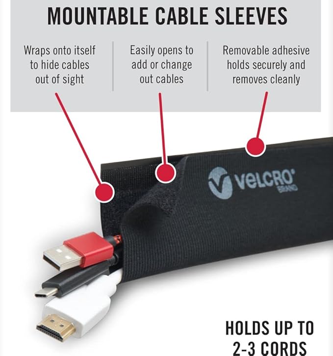 VELCRO Brand VEL-30797-USA Mountable Cable Sleeve | Cord Management Mounts on Walls, Desk or Entertainment Center | Removable Adhesive is Damage Free | 12in Black, 2pk, 12in-2Pk