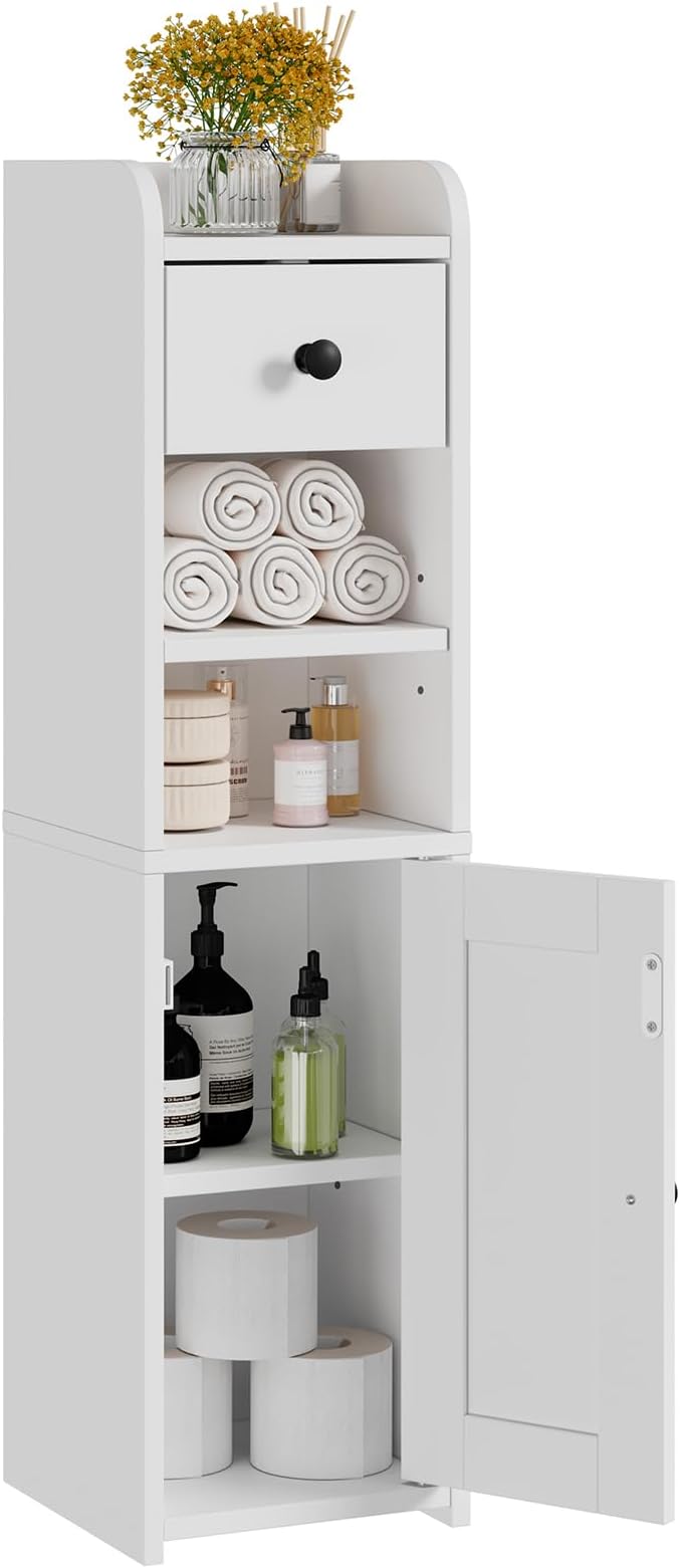 Lomojo Small Bathroom Storage Cabinet,Narrow Toilet Paper Holder,Corner Floor Cabinet with Doors and Drawer for Small Space,Adjustable Shelf Organizer,7.75L*7.75D*29.6H,White