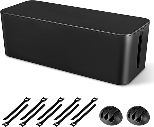Cable Management Box, Large Cord Organizer Box to Hide Power Strip & Under Desk,TV Computer Wires Cable Organizer Hider Box with Cable Clips&Reusable Cable Ties for Home/Office(Black)