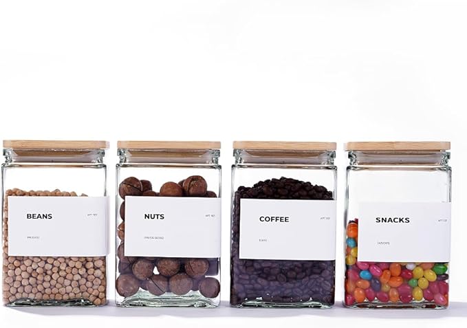 APT 1101 Glass Storage Jars with Bamboo Lid, glass canisters with airtight lids, Clear jars with lids for Spice, Cookie, Candy, Tea, Coffee Bean and Rice (White, 26 oz, Set of 6)
