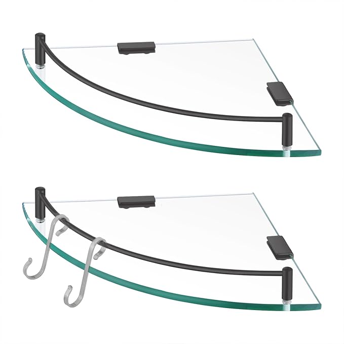 KES Bathroom Glass Corner Shelf Tempered Glass Shelf with Rail Wall Mount Corner Shelf SUS 304 Stainless Steel Matte Black 2 Pack, BGS2101A-BK-P2