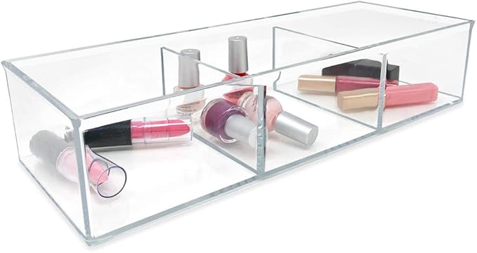 Isaac Jacobs Large 3-Compartment Acrylic Stackable Organizer (12.9" L x 5" W x 2.7" H), Multi-Sectional Tray & Storage Solution for Makeup, Craft Supplies, Bathroom, Kitchen, Office (Clear)