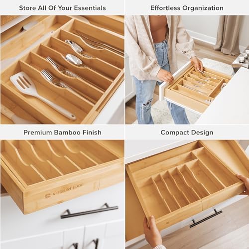 KitchenEdge Premium Silverware, Flatware and Utensil Organizer for Kitchen Drawers, Food-Safe Contract Grade, Expandable from 18 to 33 In, Natural Bamboo