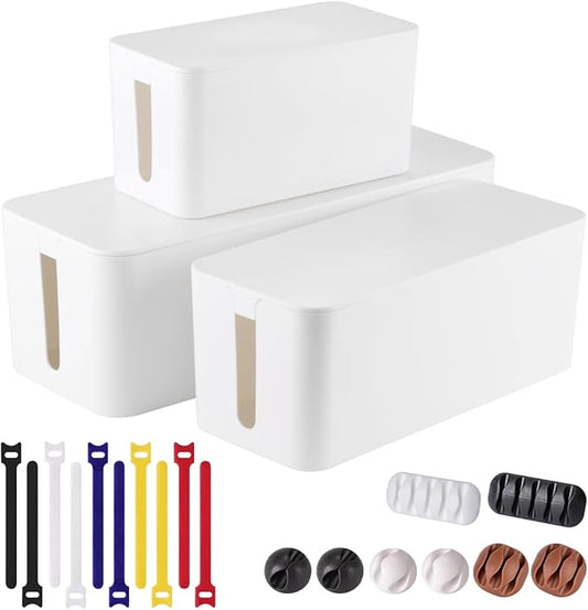 3 Pack Cable Management Box with 18 PCS Cable Management Set, White