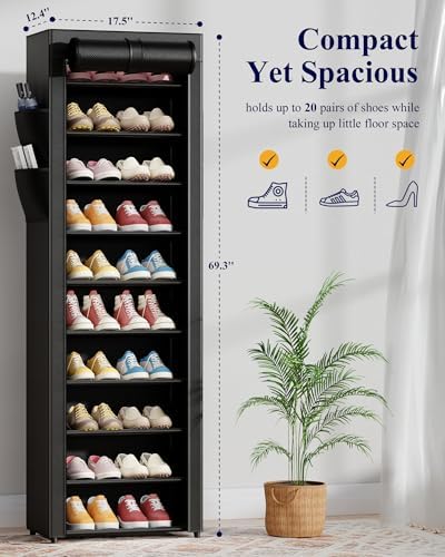 10-Tier Shoe Rack with Cover, Vertical Shelf, 17.5" Wide, Black