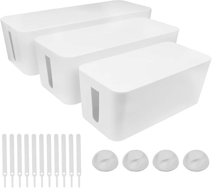Cable Management Box - 3 Pack Cord Organizer Box for Desk - Large Medium Small Cable Box to Hide Power Strip & Wires - Pet-Safe Cord Hider for TV Computer Under Desk - White