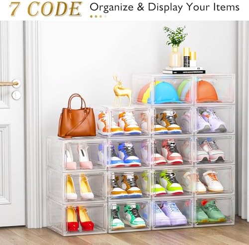 Large Thick Clear Shoe Organizer, Magnetic Door Stackable Shoe Storage Box