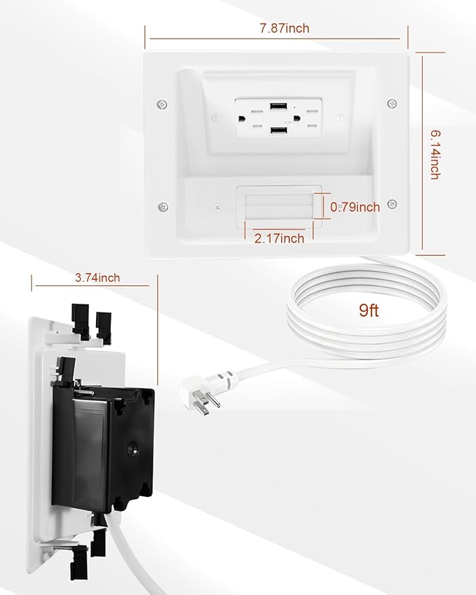 In Wall Cable Concealer Kit with Brush Wall Plate AC Outlets and 2 USB Ports, 9ft Cord, Hide Cords Recessed Wall Outlet for TV Cable Management, HDMI Cables and Home Theater Systems