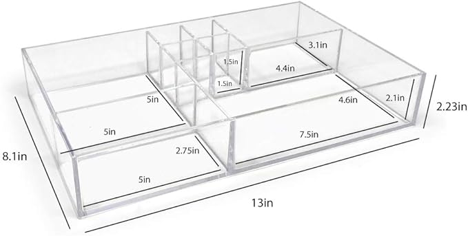 Isaac Jacobs 8-Compartment Clear Acrylic Drawer Organizer (13" L x 8.1" W x 2.3" H), Multi-Sectional Tray & Storage Solution for Makeup, School & Office Supplies, Bathroom, Kitchen (Pack of 2)