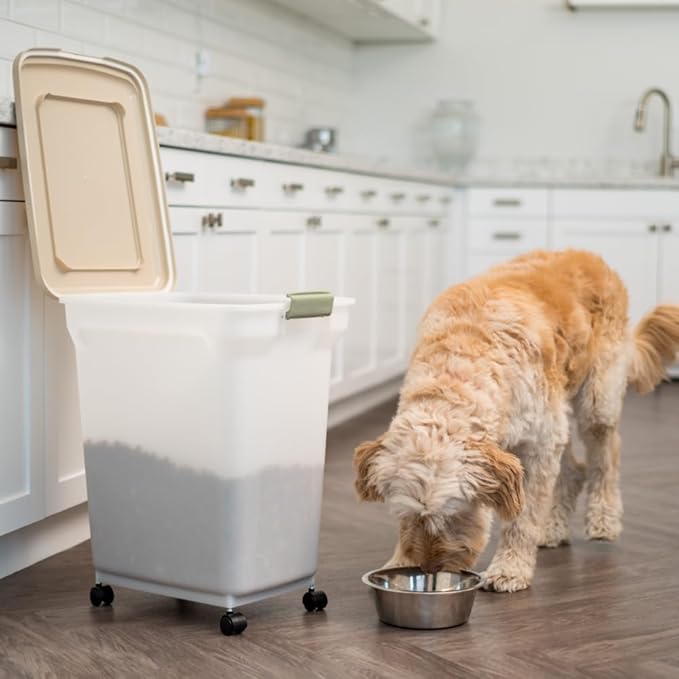 IRIS USA Airtight Dog Food Storage Container, WeatherPro, Up to 40 lbs, Removable Wheels, for Dog Cat Bird and Other Pet Food Storage Bin, Keep Fresh, Translucent Body, Made in USA, Almond/Pearl