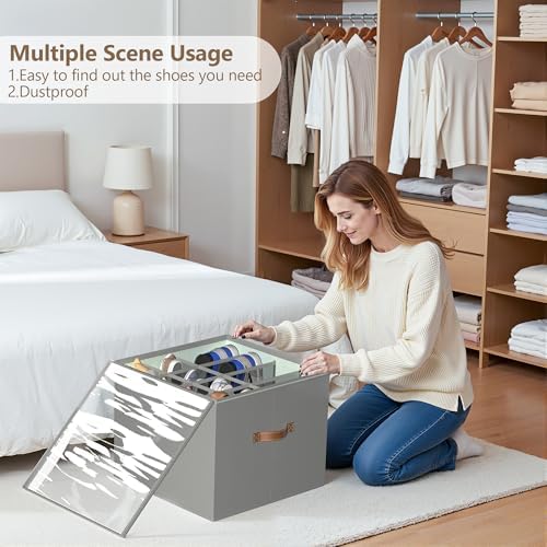 Shoe Organizer for Closet, 2 Pack Foldable Shoe Storage Bins with Clear Cover & Handles, 16-Compartment Shoe Box for Sneakers, Heels, Boots, Space-Saving Shoe Rack for Entryway, Dorm, RV