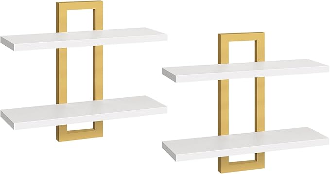 Floating Shelves, 15 Inch Wall Shelf Set of 2, White and Gold DW32BJ01