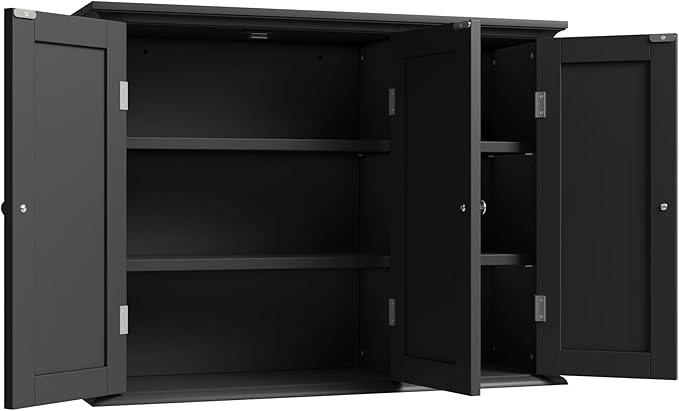 Bathroom Wall Cabinet with 3 Doors, Laundry Cabinet Wall Mounted, Black