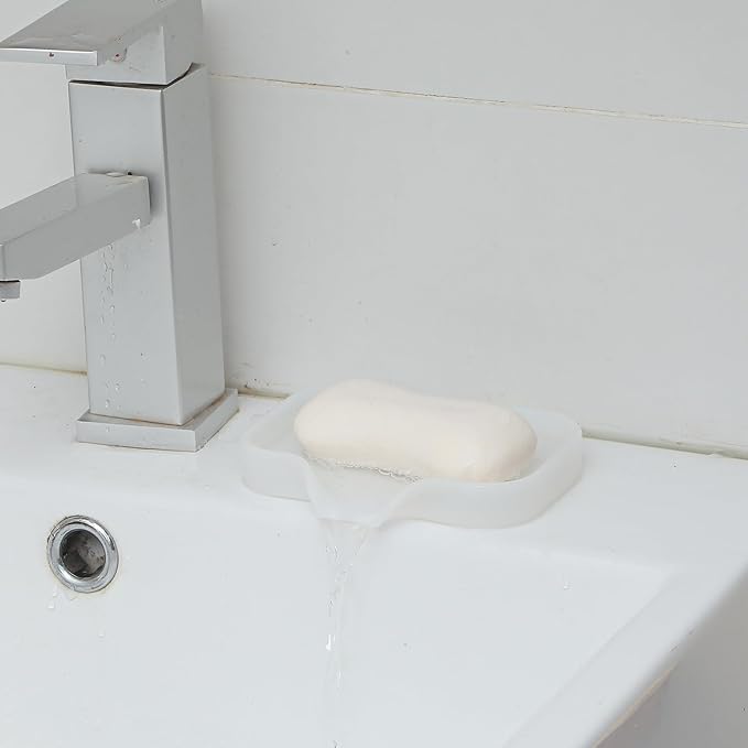 MicoYang Silicone Soap Dish with Drain Spout — Self-Draining Sink Organizer Tray for Bathroom & Kitchen, Holds Soap, Sponges & Dispensers, Non-Slip & Dishwasher Safe, Translucent (Small, 4.9"×3.2")