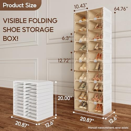 Shoe Organizer Storage Box, Portable Folding Shoe Rack For Closet With Magnetic Clear Door,Large Sneaker Cabinet Bins Sturdy Easy Assembly 10 Layers-20 Grids