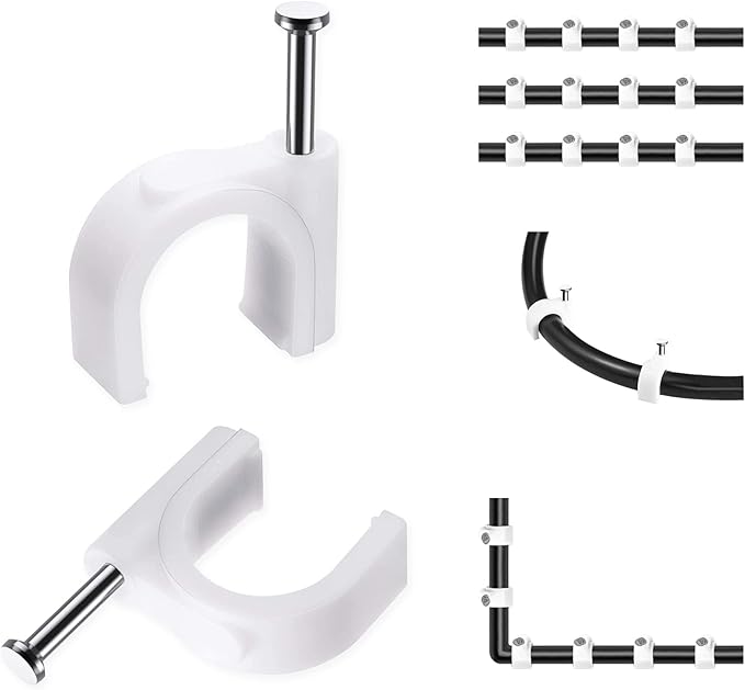 Abnii Cable Clips, 100 Pcs, 8mm, Wire Wall Clips with Steel Nails, Cable Management Organizer Clip, Cable Tacks Coax Holder Clip, RG6 RG59 CAT6 RJ45 Cable Cord Clips, White