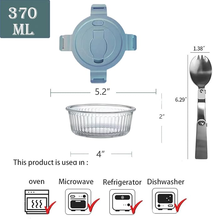 12oz Round Glass Food Storage Containers with Lids and Foldable Cutlery, 1.5 cup Round Glass Lunch Containers, Small Food Bowls for Office, School, Outdoor, Microwave, Freezer Safe -4 Pack