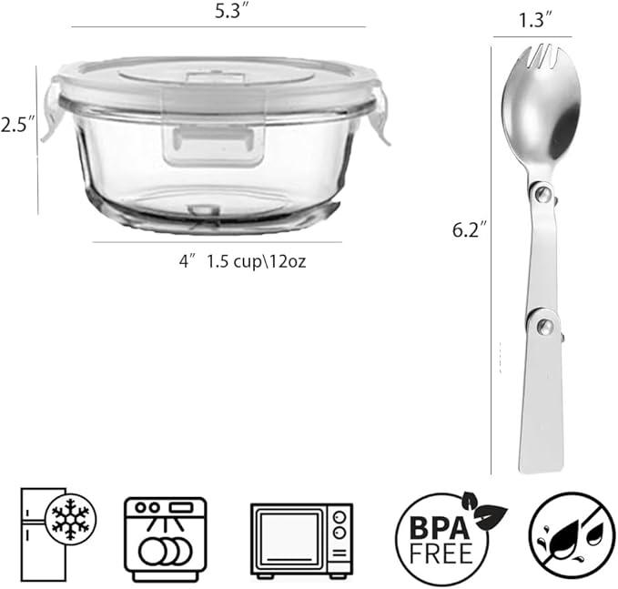 1.5 Cup Round Glass Food Containers with Lids and Folding Spoon, BPA Free Small Round Glass Lunch Containers, 12oz Food Container for Office Meal, Oven, Freezer and Dishwasher Safe (4Pack)